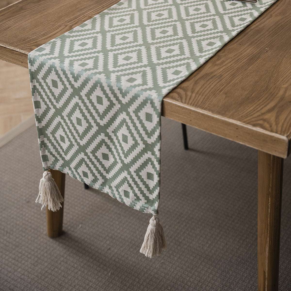 Nordic Geometric Table Runner with Tassels - Merry Green Homeware