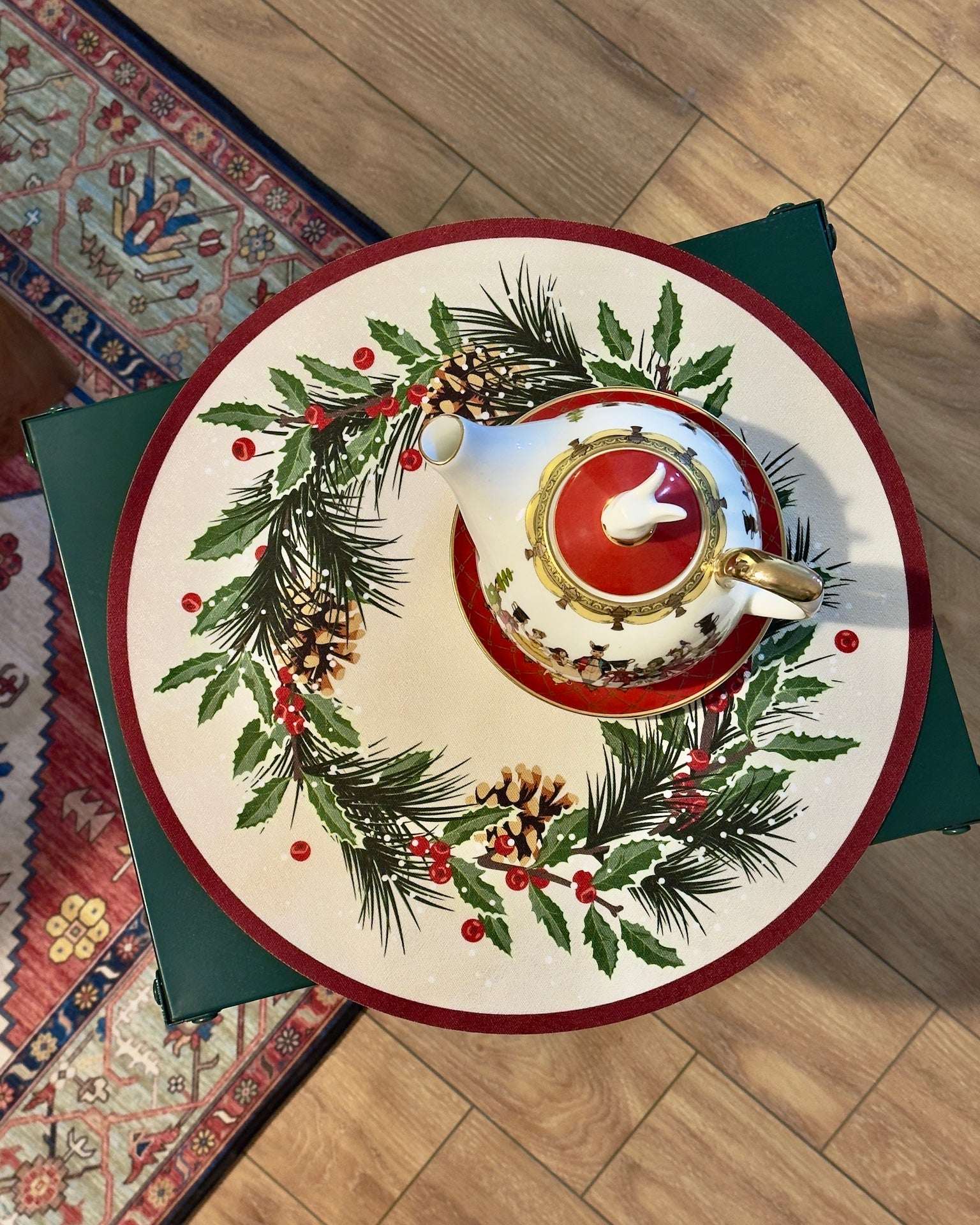 Winter Wreath Placemat – Holly & Pinecone | Round Christmas Table Mat