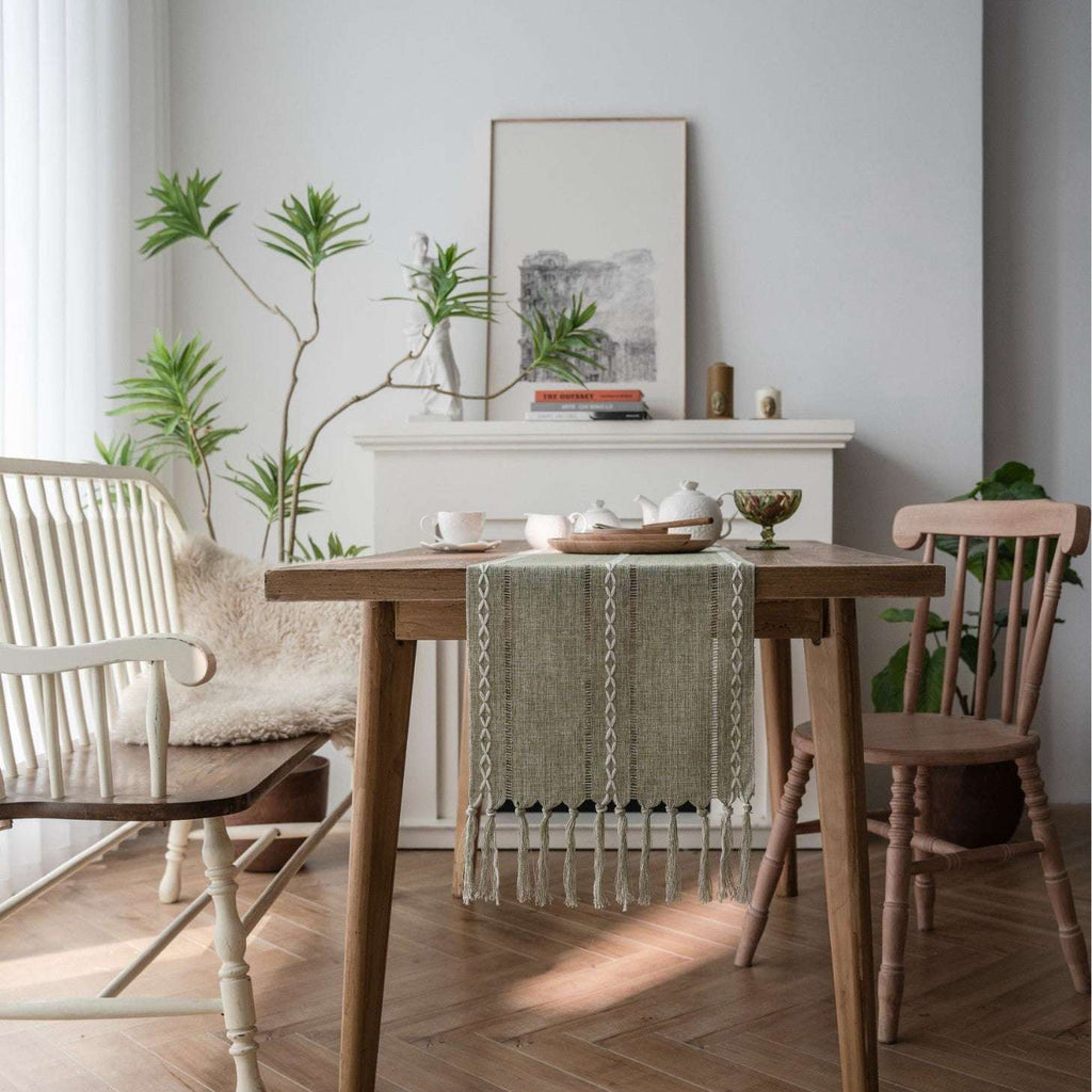 Modern Woven Table Runner with Tassels - Merry Green Homeware