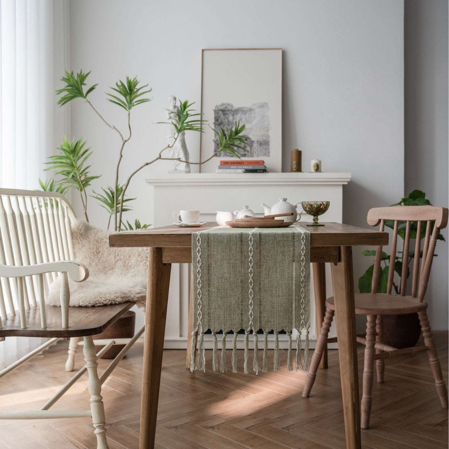 Modern Woven Table Runner with Tassels - Merry Green Homeware