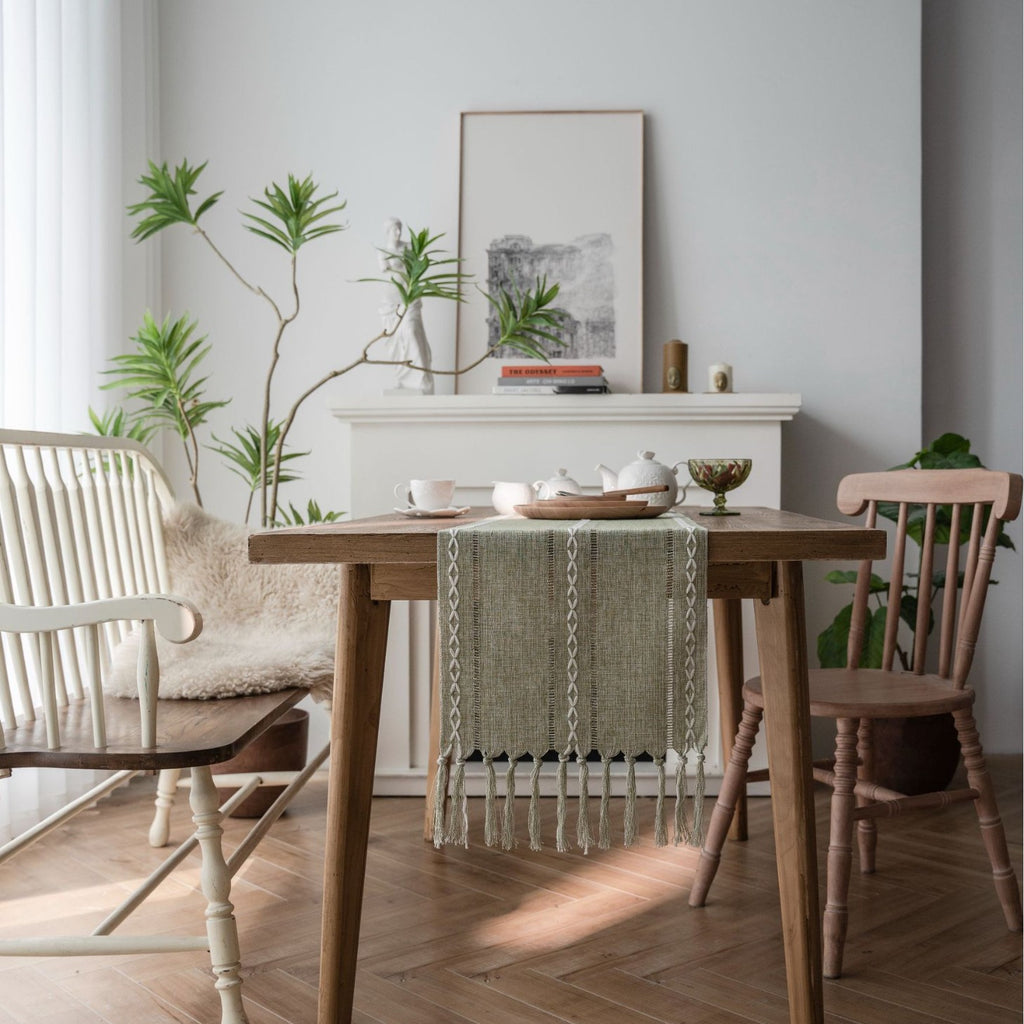 Modern Woven Table Runner with Tassels - Merry Green Homeware