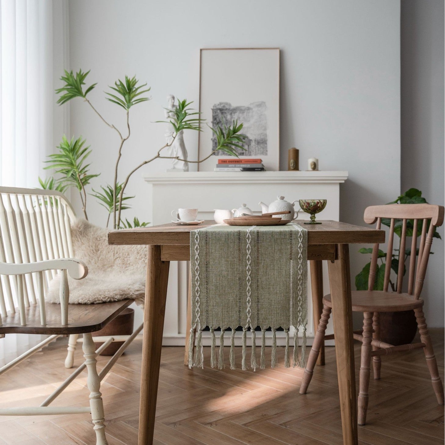 Modern Woven Table Runner with Tassels - Merry Green Homeware