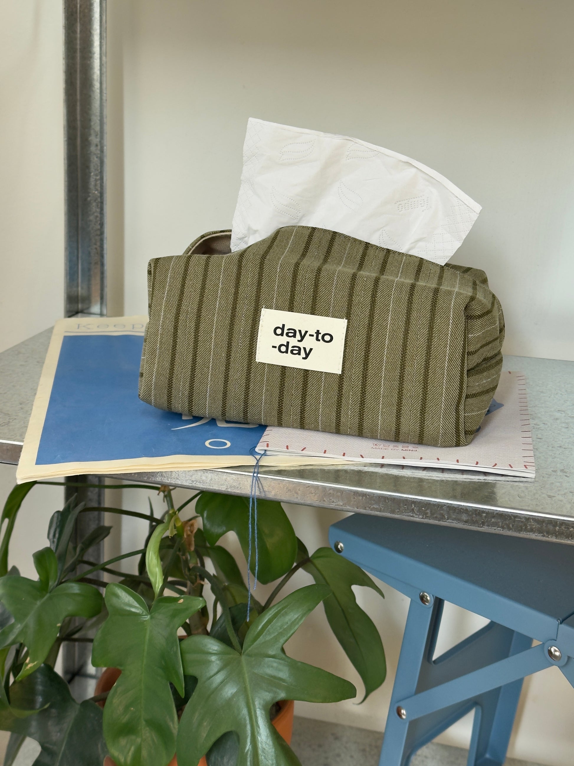 Green striped tissue holder with 'day-to-day' label on a table with a plant and notebook in the background.