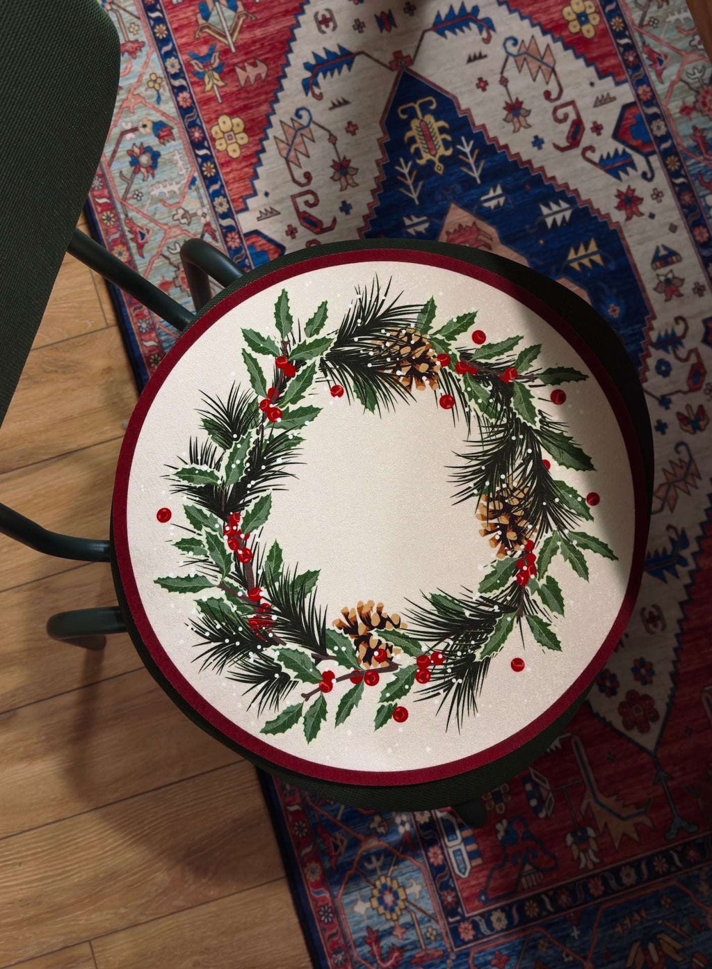 Winter Wreath Placemat – Holly & Pinecone | Round Christmas Table Mat