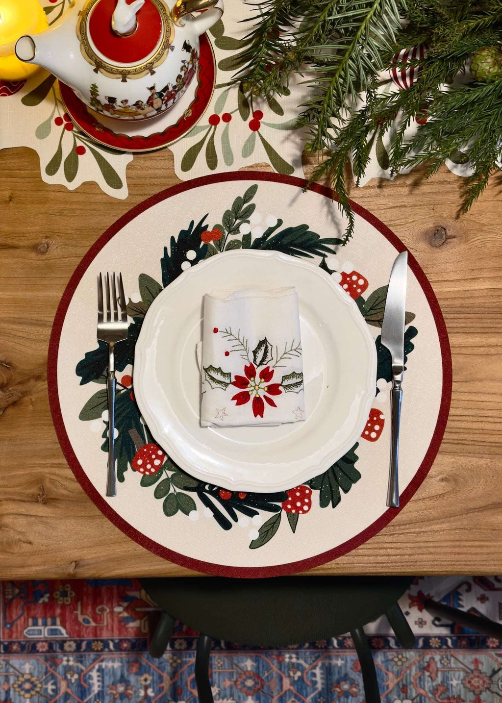 Winter Wreath Placemat – Herb & Berry | Round Festive Table Mat for Christmas