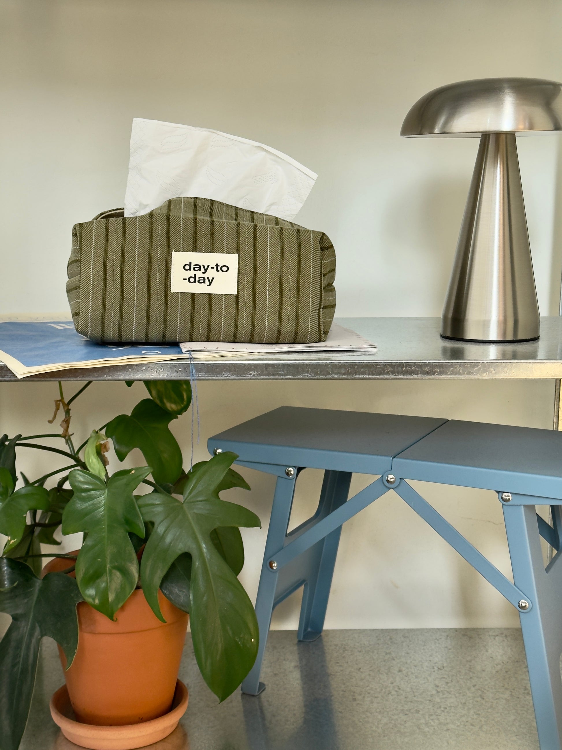 Tissue box with 'day-to-day' label on a desk with a plant and lamp.