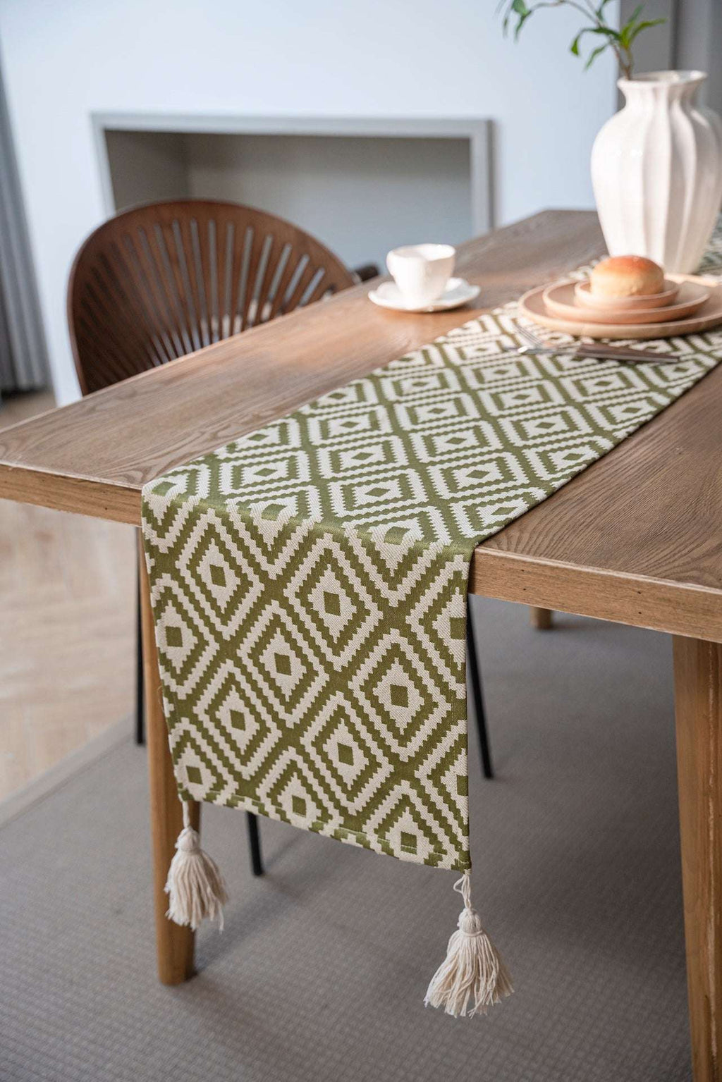 Nordic Geometric Table Runner with Tassels - Merry Green Homeware