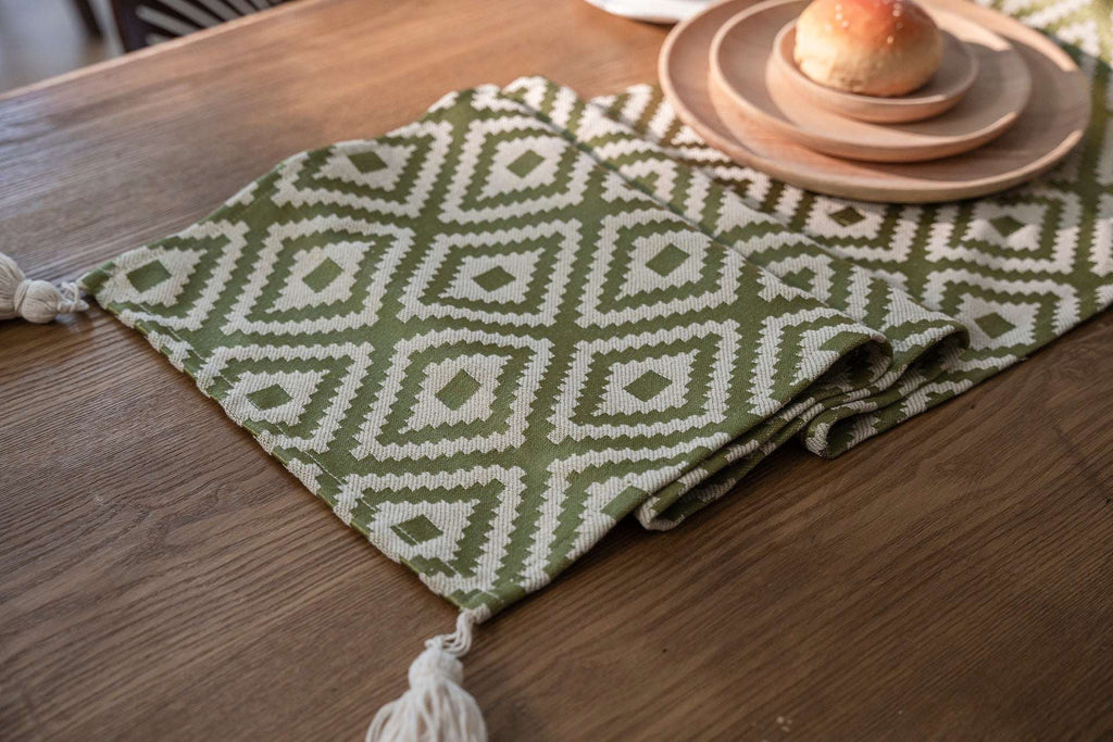 Nordic Geometric Table Runner with Tassels - Merry Green Homeware