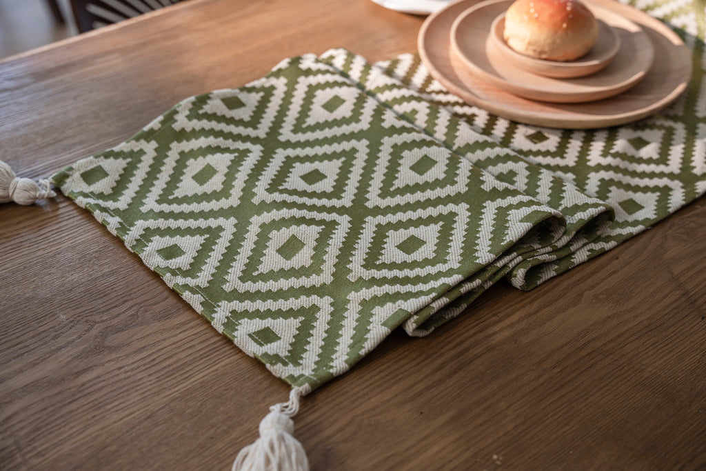 Nordic Geometric Table Runner with Tassels - Merry Green Homeware
