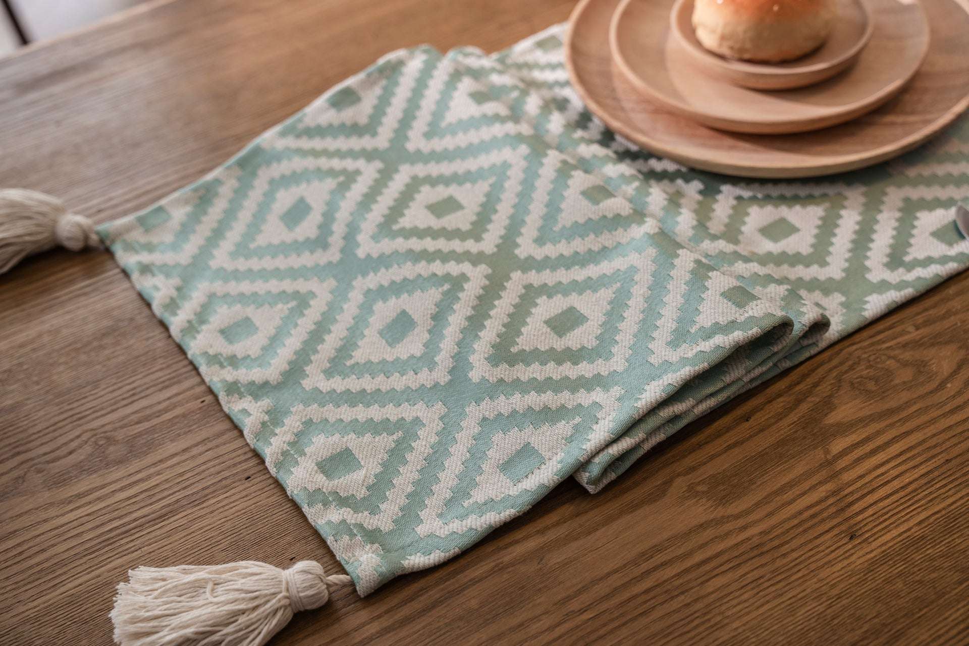 Nordic Geometric Table Runner with Tassels - Merry Green Homeware