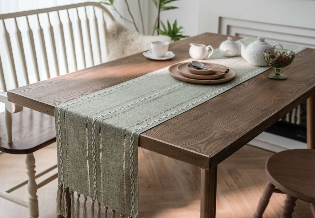 Modern Woven Table Runner with Tassels - Merry Green Homeware
