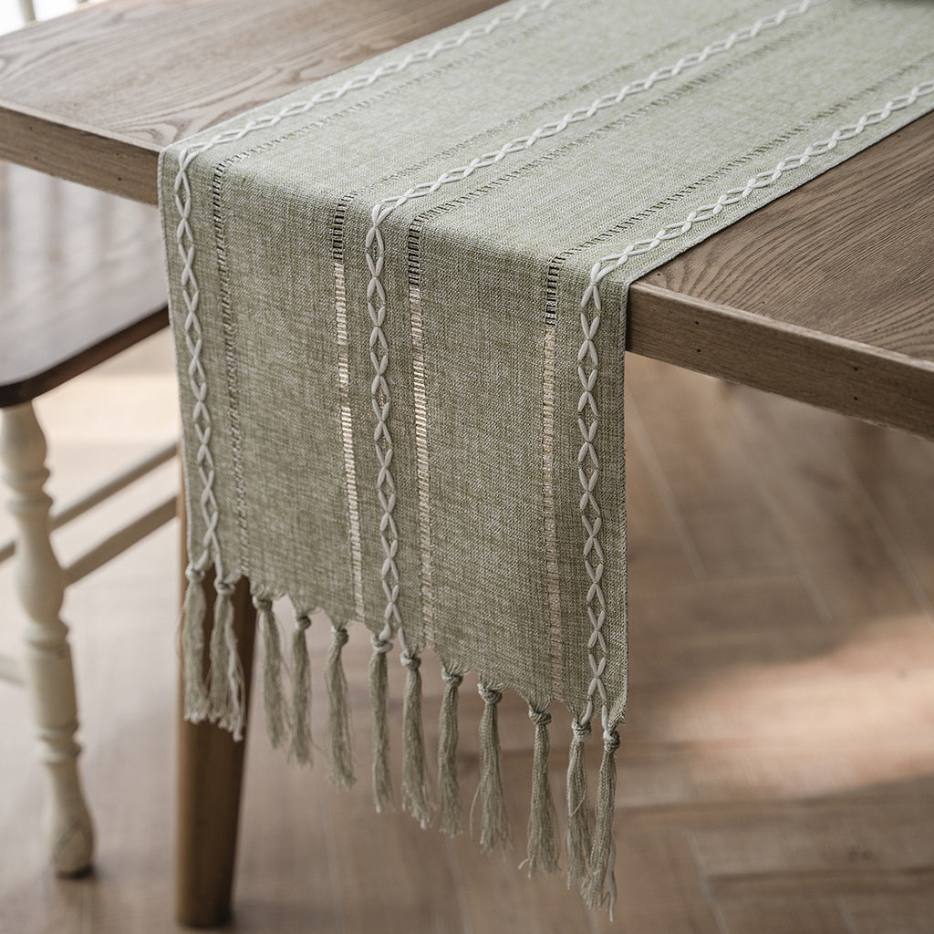Modern Woven Table Runner with Tassels - Merry Green Homeware