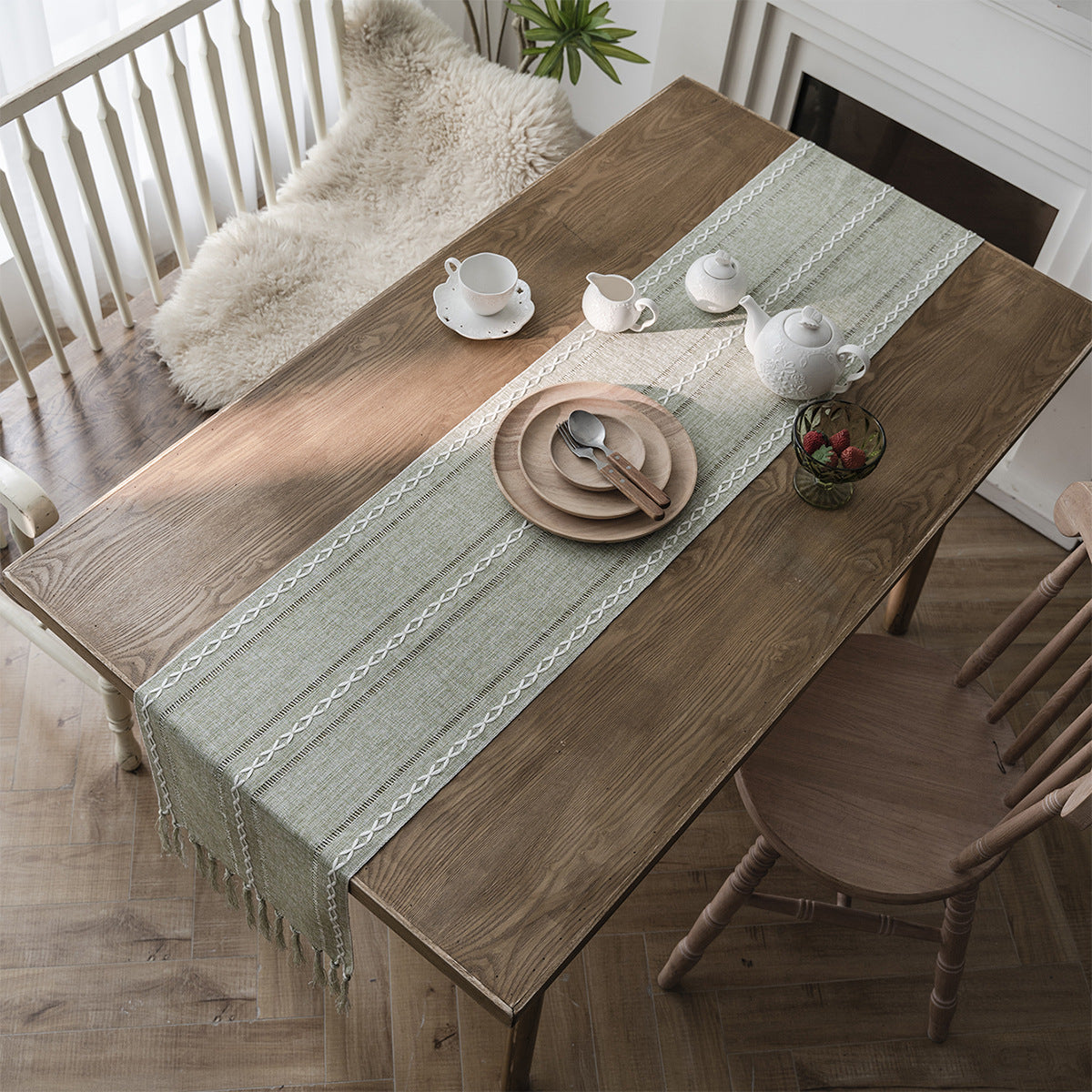 Modern Woven Table Runner with Tassels - Merry Green Homeware