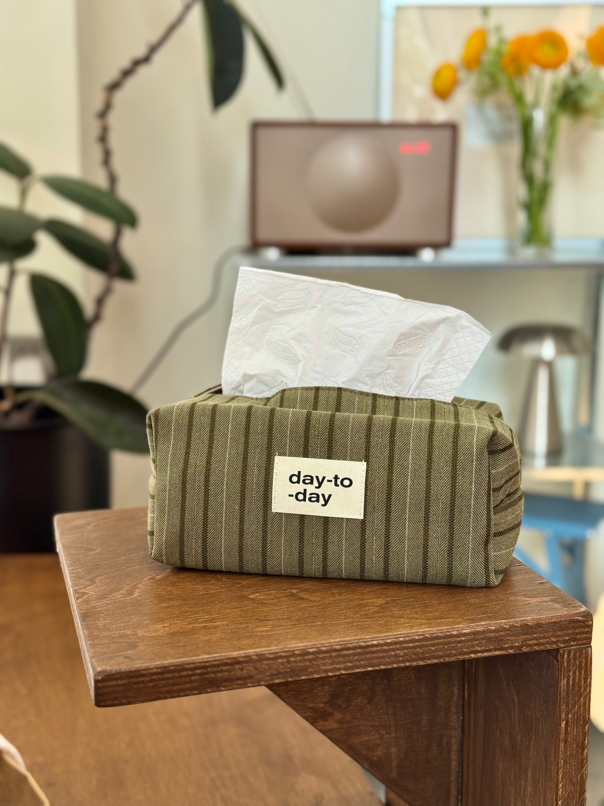 Green striped tissue box with 'day-to-day' label on a wooden surface, blurred indoor background