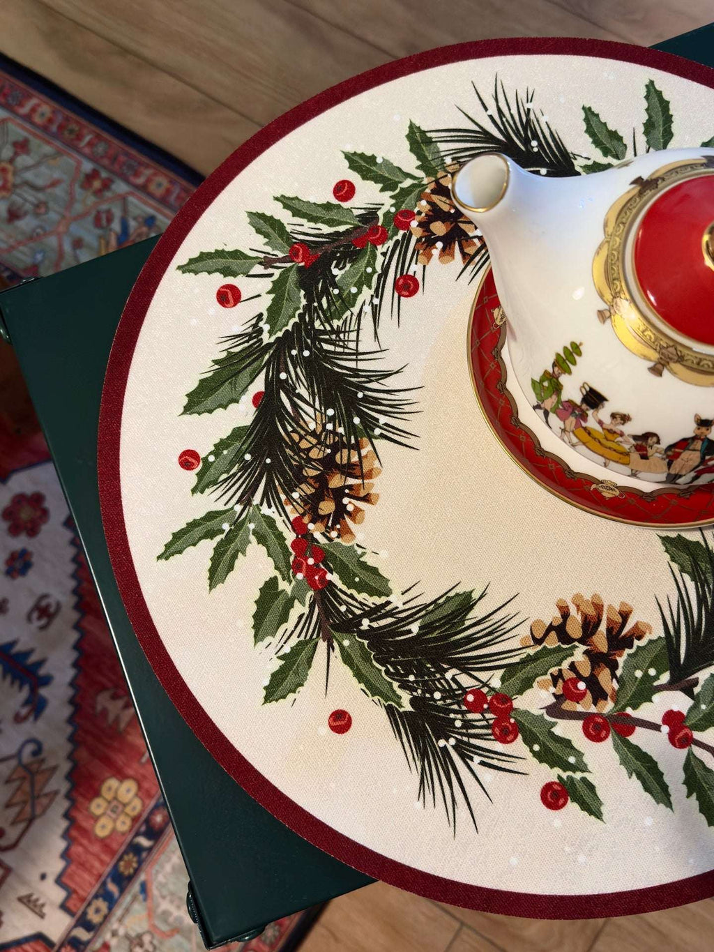 Winter Wreath Placemat – Holly & Pinecone | Round Christmas Table Mat